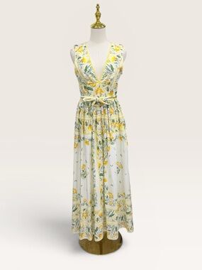 Antonio Melani Style by Simkins Hannah Yellow Floral Print Maxi Dress Belted NWT